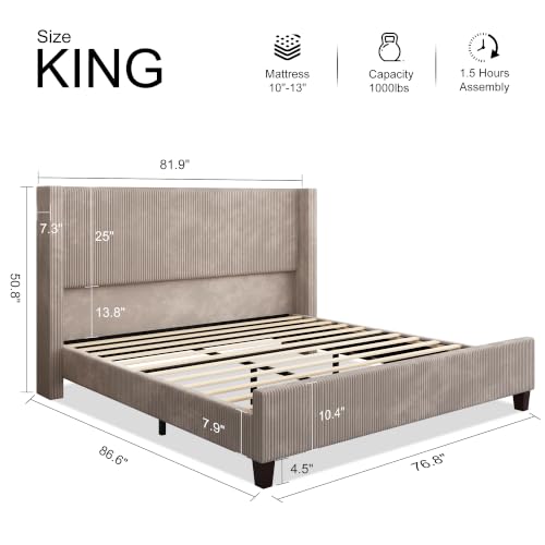 Image of HOWE King Size Bed Frame with 50.8 Inch Corduroy Wingback Headboard, Taupe | Modern Upholstered Platform Bed, Solid Wood Slats, No Box Spring Needed, Noise-Reducing Design