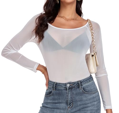 Women Mesh Tops Sheer Shirt Long Sleeves T-Shirt Clubwear Party Sexy Tees, White, Medium