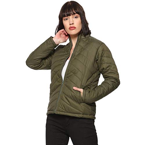 Image of Campus Sutra Women's Olive Green Quilted Puffer Jacket With Zip Closure For Casual Wear | Hooded Neck | Long Sleeve | Zipper Closure | Polyester Jacket Crafted With Comfort Fit For Everyday Wear