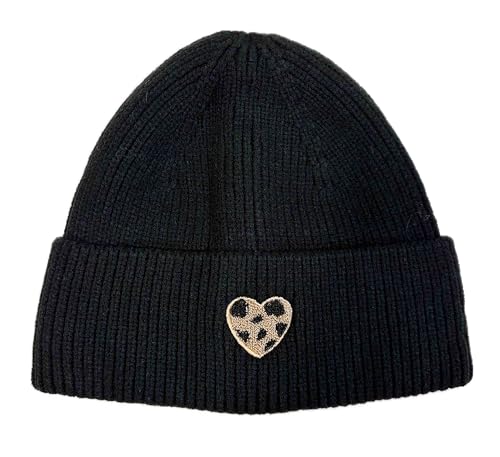 Faera Leopard Herz Beanie Strickmütze Wintermütze weiche warme Mütze Leo (DE/NL/SE/PL, Alphanumerisch, Einheitsgröße, Schwarz)