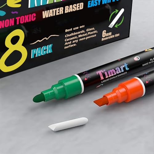 TIMART 8 Pack Liquid Chalk Markers, Bold Wet & Dry Erase Marker Pens - Chalk Markers for Chalkboards Signs, Blackboards, Windows, Glass- 6mm Reversible Tip, 24 Chalkboard Labels Included (Classic)