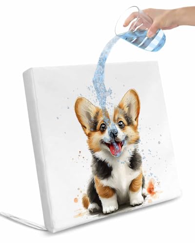 2 Pack Cute Sitting Dog Waterproof Cushion Covers with Ties, Outdoor Patio Chaise Lounge Chair Seat Cushion Slip Covers Replacement(Only Cover) Watercolor Cartoon Puppy Animal 24