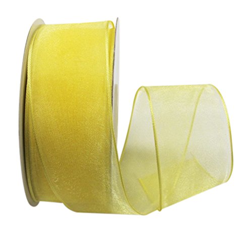Ribbon Bazaar Sheer Organza Wired Ribbon - 100% Polyester Wire Edged Ribbon For Floral Decor, Table Arrangements, Apparel Embellishment & More - 1-1/2 Inch Canary 25 Yards #TOP3