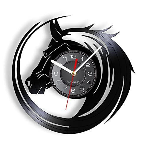 Guang trading Pendule Murale de 30CM Abstrait Cheval Mur Art tête de Cheval Horloge Murale équestre décoration Murale Horloge Moderne Disque Vinyle Horloge...