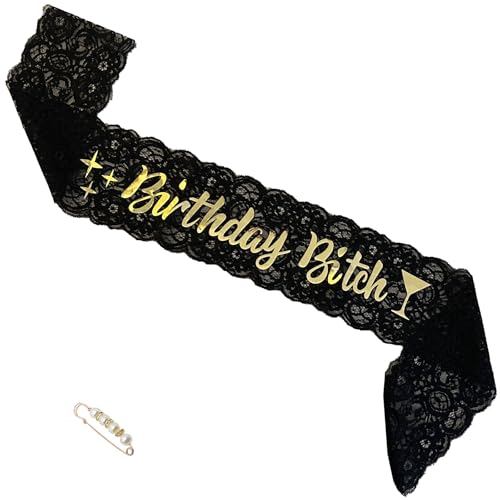 LATFZ Birthday Bitch Lace Sash Black with Pearl Pin for Women Girl for 18th 21st 30th 40th 50th Funny Party (Black)