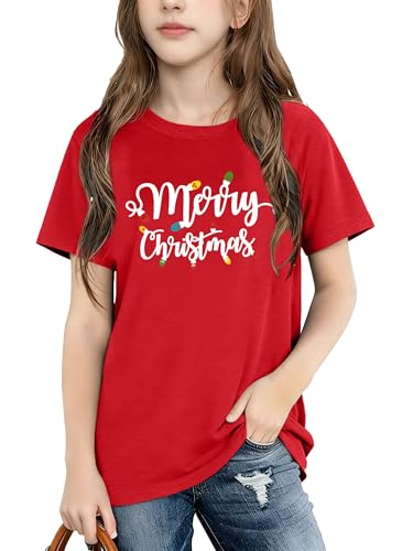 HQP Girls Christmas Shirt Kids Christmas Tree Graphic T-Shirt Boys Girls Funny Xmas Holiday Tee Tops 5-14 Years