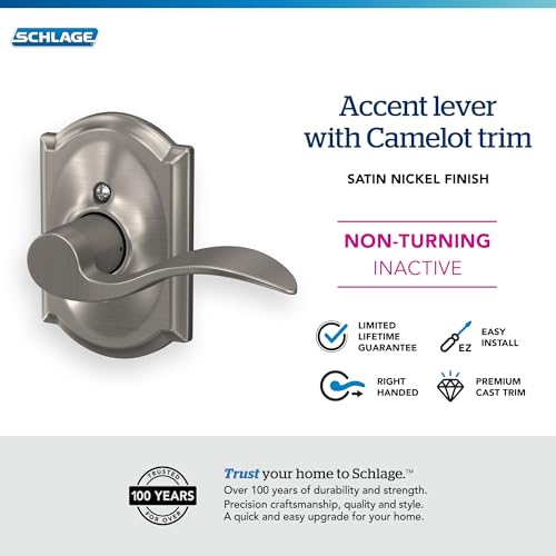 Image of Schlage F170 ACC 619 CAM RH Right Handed Accent Door Lever with Camelot Trim, One Sided Non-Turning Dummy Door Handle, Satin Nickel
