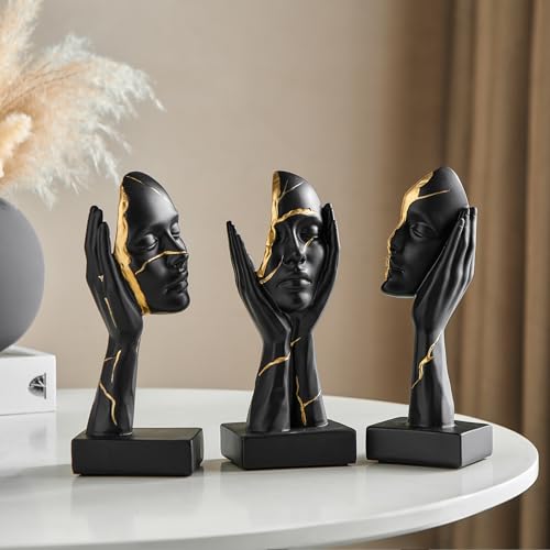 Black and Gold Decor Thinker Statues Set of 3, 7.5" H x 3.1" W Face Sculptures for Coffee Table Bookshelf Office Desk, Modern Abstract Art Sculptures Home Decor Living Room Decorations