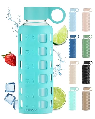 purifyou 40/32/22/12 oz Glass Water Bottles, Reusable with Time & Volume Markings, Non-Slip Silicone Sleeve, Stainless Steel Lid, for Water, Milk & Juice (12oz OceanMist)