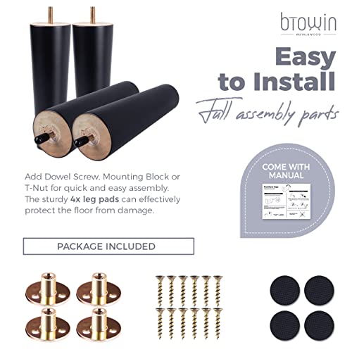 Image of 5 inch Solid Wood Furniture Legs, 4Pcs Mid-Century Modern Black Wooden Replacement Feet with Threaded 5 /16'' Hanger Bolts & Mounting Plate & Screws for Sofa Couch Armchair Cabinet TV Stand | Black Finish, 440lb Load Capacity, Mounting Plates & Screws Included. Mid-Century Style for Sofas, Cabinets & TV Stands.