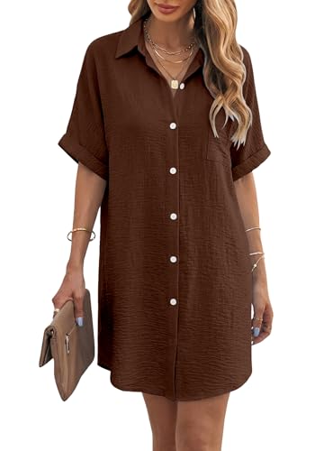 Image of KISSMODA Womens Beach Suits Swimsuit Cover Ups Buttons Down Beachwear Short Sleeve Shirts Dress Solid Color Basic Blouses with Pocket