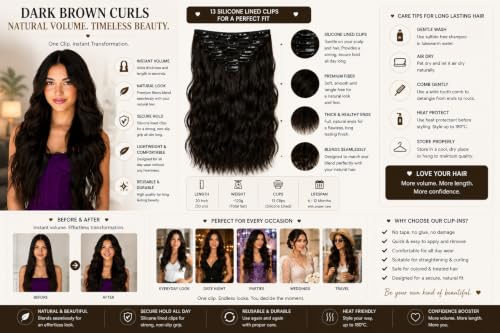 Image of Salon-Grade Clip-in Hair Extensions for Women, Imported Synthetic Hair, 6 PCS with 13 Secure Clips, Instant Volume, Natural Blend, Reusable Hair Volumizer (Dark Brown, Curly /Wavy)