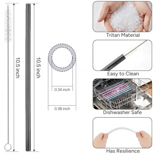 Image of Replacement Straws Compatible with 30 oz Stanley Quencher Tumbler, 10.5 Inch Black Reusable Straws, Drinking Cup Accessories, 6 Pack