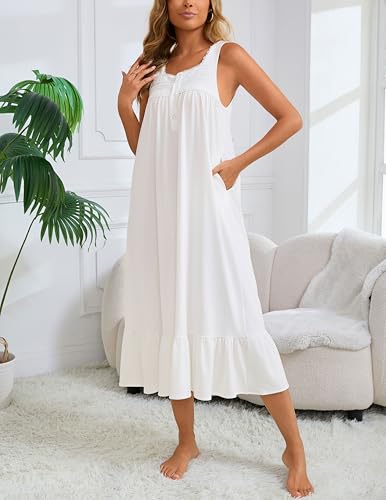 Women's Nightgown Cotton Victorian Nightdress Long Sleeveless Sleep Gown with 2 Pockets S-3XL3