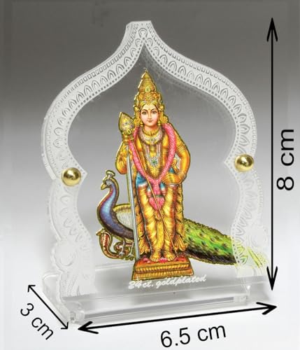 Eknoor 24 Carat Goldplated Idol Foil on Acrylic Base - Lord Swami Kartikeya Ji with Peacock for Car Dashboard and Pooja Ghar