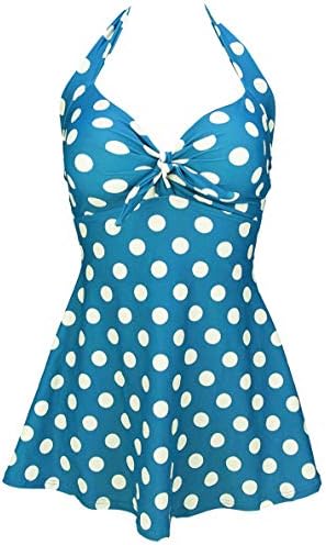 COCOSHIP Ibiza Blue & White Big Polka Dot Retro Sailor Pin Up Swimsuit One Piece Skirtini Cover Up Cruise Swimdress Beachwear XXXL(US16)