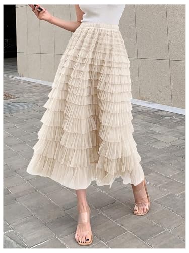 SHENHE Women's Tiered Mesh Tulle Skirt High Waisted A Line Flowy Layered Mid Tutu Skirt4