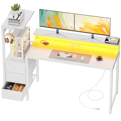 Image of HLDIRECT 60 inch Gaming Desk with 3 Fabric Drawers & Side Hooks-Reversible Home Office Computer Desk with Power Outlets & Led Lights, Gamer Desk Table with Monitor Stand, White