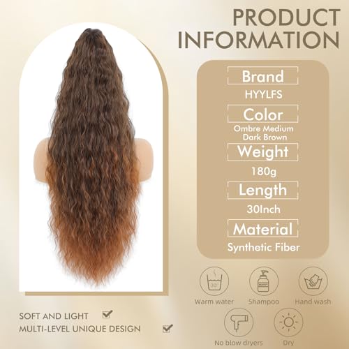 Image of Claw Clip Ponytail Extension 30In Wavy Curly Hair,Ombre Medium Dark Brown