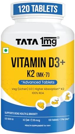 Tata 1mg Vitamin D3 + K2 (MK-7) | Supports Stronger Bones, Immunity & Calcium Absorption | 600 IU Vitamin D3 + 55 mcg K2 | Lichen Sourced, 100% Veg (120 Tablets)