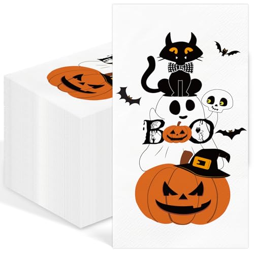 Paquete de 100 servilletas desechables de 3 capas para invitados de Halloween, toallas de papel para baño, fantasma, calabaza, gato negro, servilletas de mano para fiesta de Halloween, cumpleaños