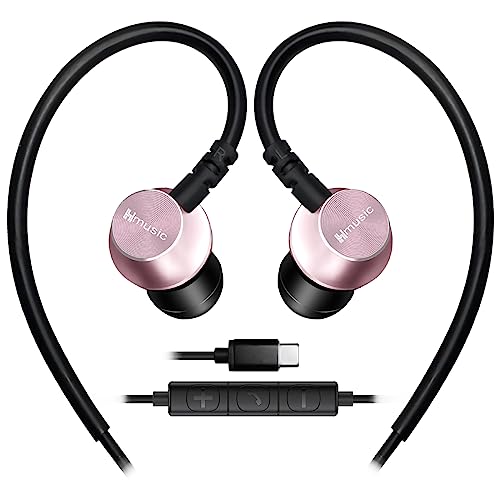 Hmusic Auriculares Deportivos con Cable y micrófono, Auriculares internos USB Tipo C con Gancho sobre la Oreja para Deportes, Correr, Entrenamiento, Ejercicio, Gimnasio (Rosa)