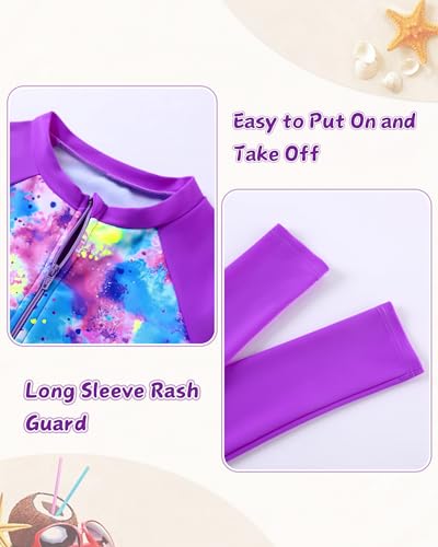 Image of Girls Rash Guard Swimsuit Long Sleeve Bathing Suits with Swim Skirt Shorts Two Piece Sun Protection Swimwear for 3-12 Years