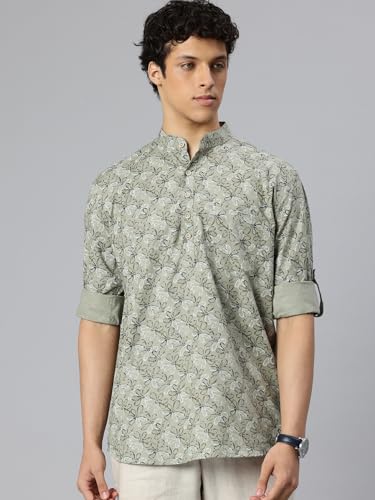 Image of Majestic Man Men's Pure Cotton Printed Mandarin Collar Regular Fit Roll-Up Sleeves Short Kurta