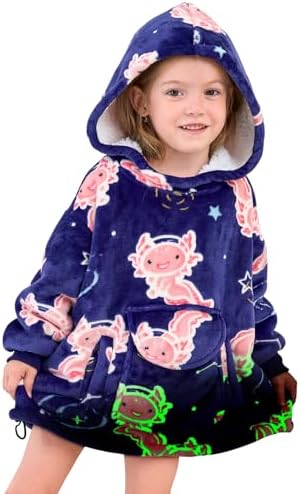 GEULAY Wearable Blanket Hoodie - Glow in the Dark Axolotl blankets, Warm Cozy Axolotl Gifts Toys for 2-6 Year Old Cute Oversized Sweatshirt Throw Blanket