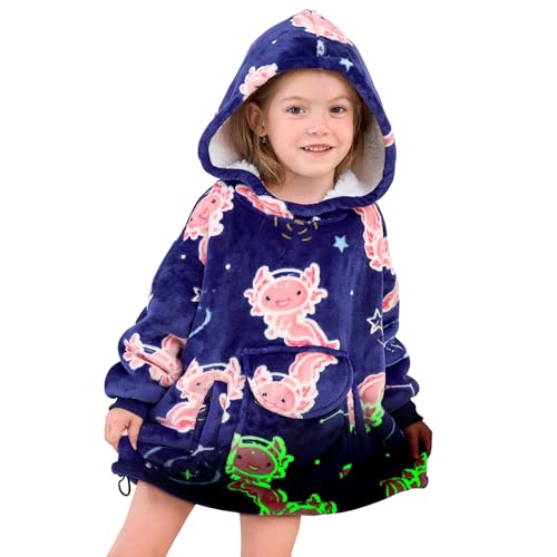 GEULAY Wearable Blanket Hoodie - Glow in the Dark Axolotl blankets, Warm Cozy Axolotl Gifts Toys for 2-6 Year Old Cute Oversized Sweatshirt Throw Blanket