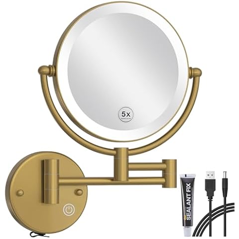 RECKODOR Wall Mounted Lighted Makeup Mirror with Magnification 5X, Rechargeable Bathroom Magnifying Shaving Cosmetic Mirror with Extension Swing Arm, Touch Stepless Dimming, Brushed Moderne Brass Cover