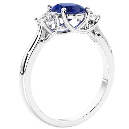 PEORA 3-Stone Oval Shape Created Blue Sapphire and Lab Grown Diamond Trellis Ring 14K White or Yellow Gold, 2.10 Carats total, Sizes 4 to 103
