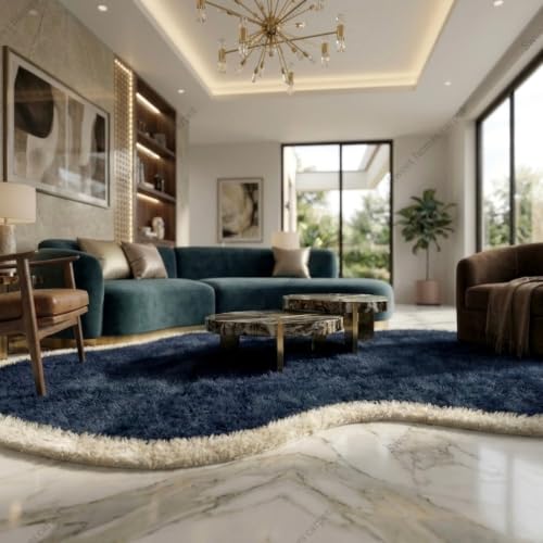 Image of SWEET HOMES Hand Made Carpet Ultra Soft Plush Irregular Shape Rug with Anti-Skid Backing. 7 x 7 Feet (213 x 213 cm), Blue /Ivory