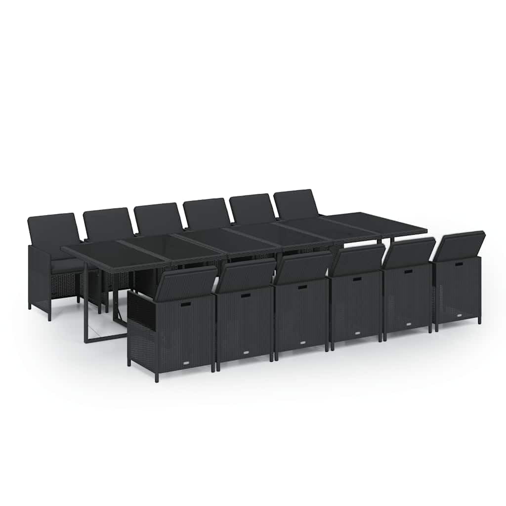 ACAGALA Conjunto de Muebles de Jardín 12 Sillas y Mesa de Ratán con Cristal, Comedor Exterior de Terraza con Cojines, Set para Patio y Jardín, Negro