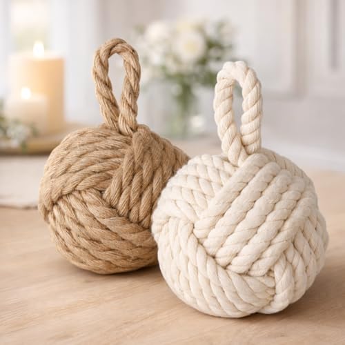 Topanbieter999 Ensemble de 2 mais de porte décoratifs en jute naturel et blanc crème - Support de porte et de fenêtre - Butoir au sol