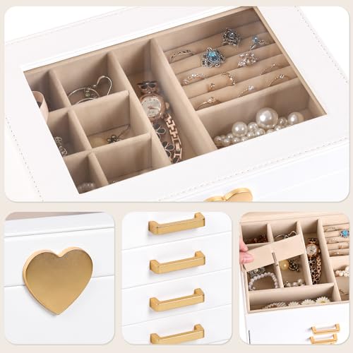 Kendal LJC4DRWH Jewelry Box, 5-Layer Jewelry Organizer Box With Glass Lid, Brass Gold And White, Heart Shaped Pu Leather, Storage Box For Necklace Earrings Rings Bracelets, Gift Idea For Girls Ljc4Drwh thumb #3