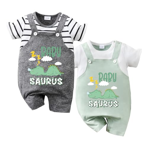 Image of IURNXB 2-Pack Baby Dinosaur Romper Set Baby Saurus Short sleeve Overalls with Snap Bottoms Toddler Boy Girl Summer Outfit