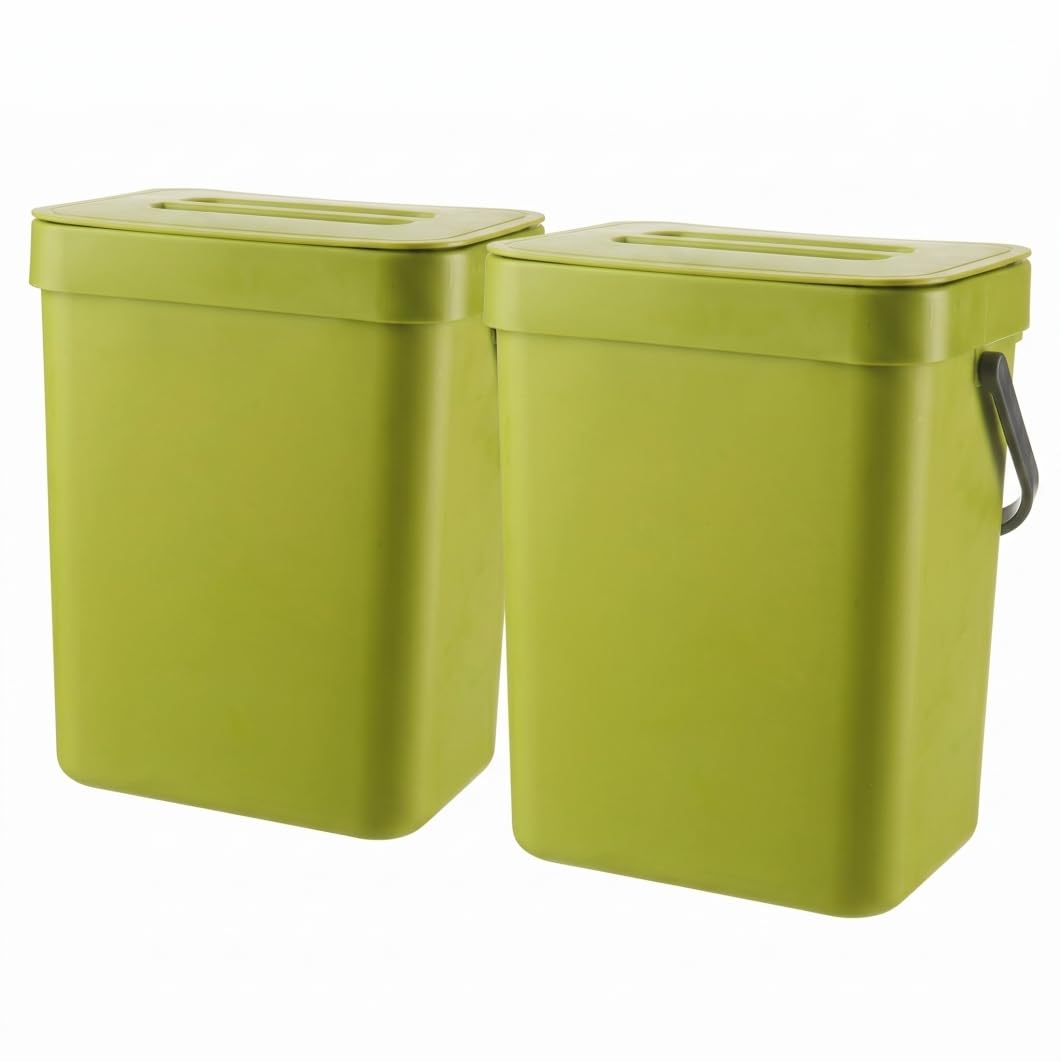 Ngbbby 2PCS Hanging Trash Can, 3L Wall Mounted Kitchen Compost Bin With Odor-sealing Lid, Thick Plastic Kitchen Waste Bin, Green, Wall Mounted Trash Can