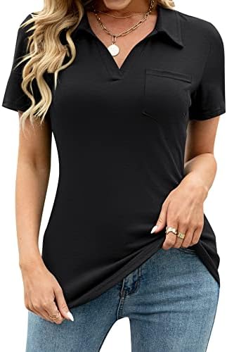 Womens Black Polo Shirt Short Sleeve Work Blouse Fashion Lapel Tops Casual Collared Tunic T-Shirts Black XL