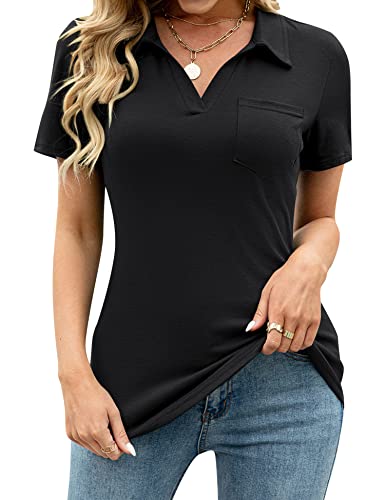 AKEWEI Womens V Neck Polo Shirts Short Sleeve Collared Tops Loose Casual Tunic Blouses with Pocket