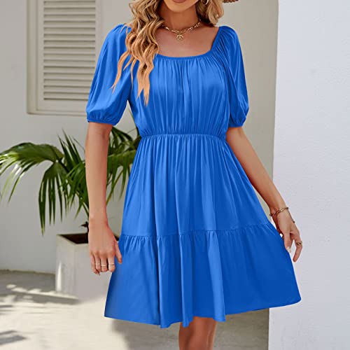 Womens Dresses Casual Square Neck Smocked Tunic High Waist Summer Dress Puff Sleeve A Line Swing Ruffle Beach Dress #TOP1