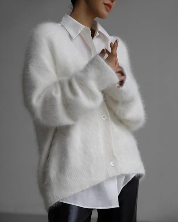 Image of Womens Fuzzy Sweaters Cardigan V-Neck Button Down Oversized Mohair Sweater Casual Y2k 2026 Fall Winter