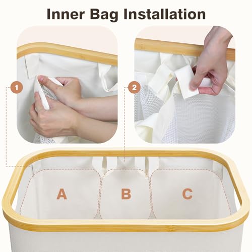 Extra Large 3 Section Dirty Clothes Laundry Basket with Lid, Dirty Clothes Hampers with Removable Bags for bedroom and Laundry Room, Beige