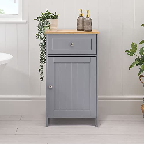 CHRISTOW Grey Bathroom Storage Cabinet with Bamboo-Effect Top, Free Standing Unit with Cupboard and Drawer, H77cm x W43cm x D34cm