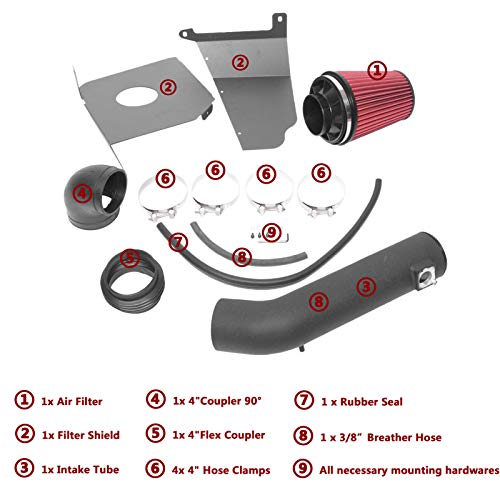 4 Inch Cold Air Intake Filter Kit & Heat Shield For 2009-2014 Silverado 1500 Gmc Sierra 1500 Yukon Cadillac Escalade Esv Ext (Black Tube & Red Filter) #TOP2