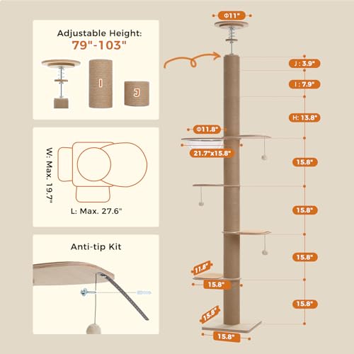 Árbol para gatos ajustable de madera sólida, 79-103 in alto miniatura 4