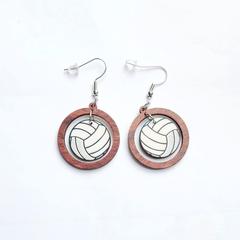Retro Sports Ball Wooden Dangle Earrings Dainty Baseball Football Basketball Volleyball Print Wood Stud Earrings Set for Women Sports Fans Players Jewelry - Image 2