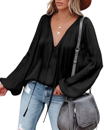 LAMISSCHE Womens Sexy Deep V Neck Blouse Lantern Long Sleeve Chiffon Shirt Oversized Drawstring Silk Satin Tunic