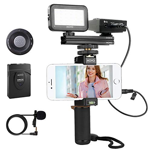 Movo Wireless Smartphone Video Kit V2 with Grip Rig, Wireless Lavalier Microphone, LED
