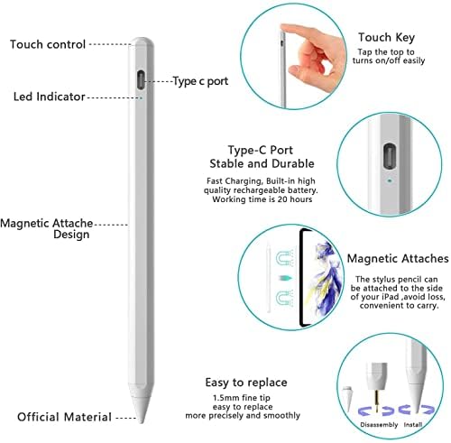 Stylus Touch Pen for Apple Ipad(2018-2022),Ipad Pencil With Palm Rejection,Tilting Detection,Magnetic Compatible with iPad Pro,iPad 6/7/8/9th,iPad Air 3rd/4th/5th,iPad Mini 5th/6th Gen(No Bluetooth).